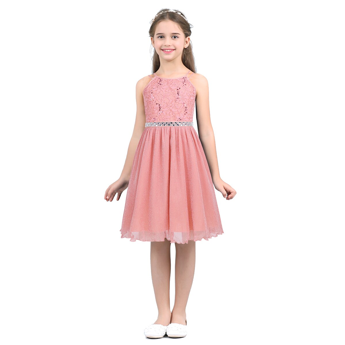 2021 Kids Girls Casual Dresses Sleeveless Sequined Floral Lace Shiny Dress for Birthday Party Children Summer Floral Dress