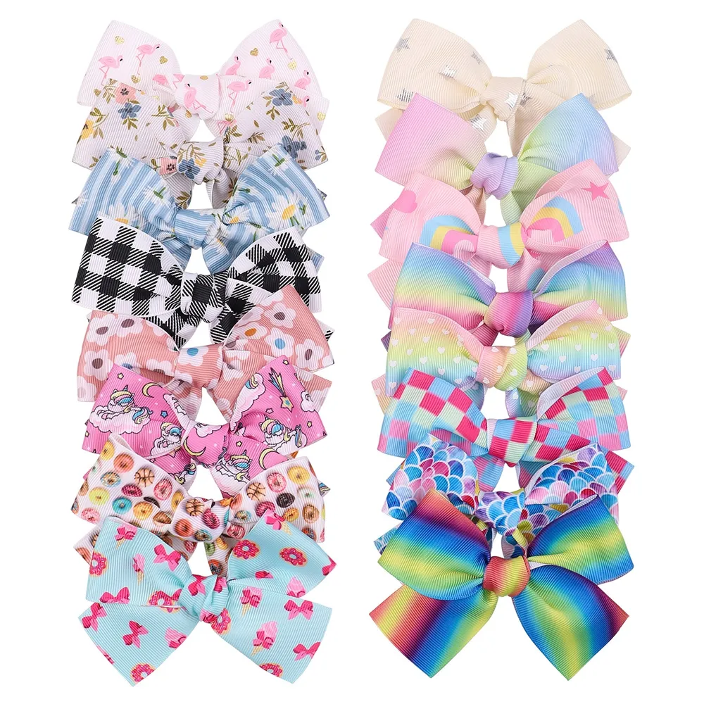 Lovely Cartoon Print Bowknot Hair Clips Fashion Striped Grosgrain Ribbon Bows Toddler Hairpins Princess Headwear Birthday Gifts