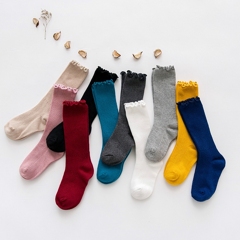 Spring Summer Autumn Baby Girl Knee High Socks 100% Cotton Breathable Frilly Solid Color Socks for Children High Socks for Girls