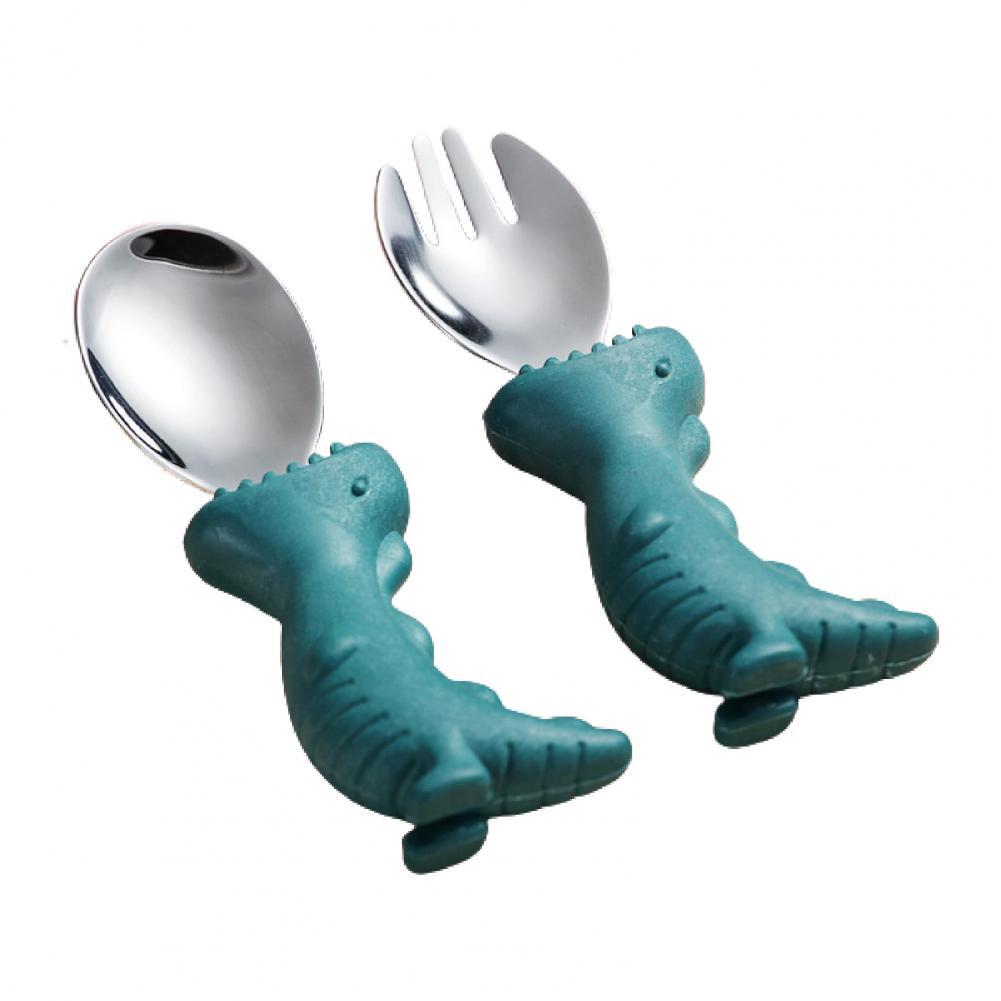 2Pcs/Set Infant Tableware Cartoon Dinosaur Portable Stainless Steel Baby Feeding Spoon Fork Set Home Use