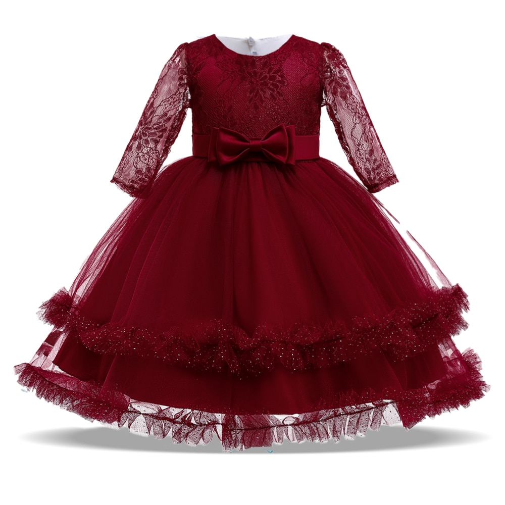 Long Sleeve White Wedding Party Dresses Girls Baptism Birthday Kids Bridesmaid Dress for Girl Pageant Christmas Baby Dress Gown