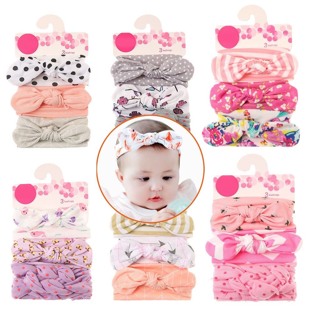 3Pcs/Set Dot Flower Striped Print Baby Headband For Boy Girl Newborn Photography Props Ealstic Twist Knot Nylon Hair Bands