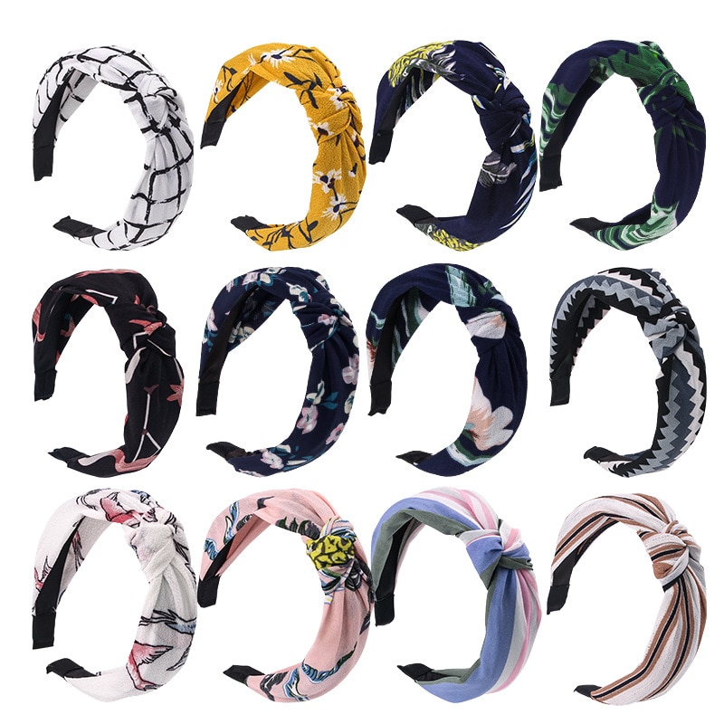 Fashion Cross Knotted Elastic Hairband Vintage Print Women Hair Hoop DIY Clothing Decoration Girls Headwear Photography Props