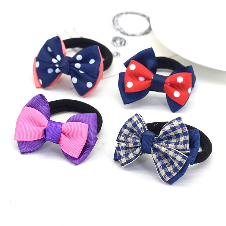 2pcs/set Double Layer Grosgrain Ribbon Bowknot Baby Hair Rope Cute Print Bows Elastic Hairband Kids Headwear Photography Props