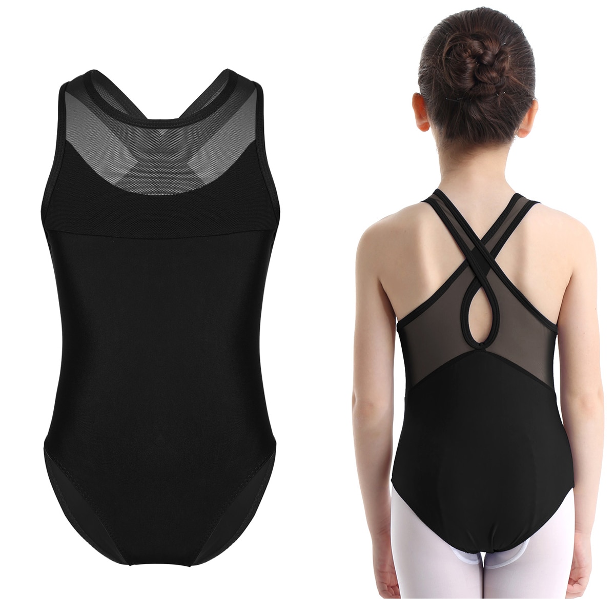 4-12Years Child Kids Girls Sleeveless Mesh Splice Criss Cross Back Ballet Dance Wear Gymnastic Leotard Bodysuit Costume Jumpsuit