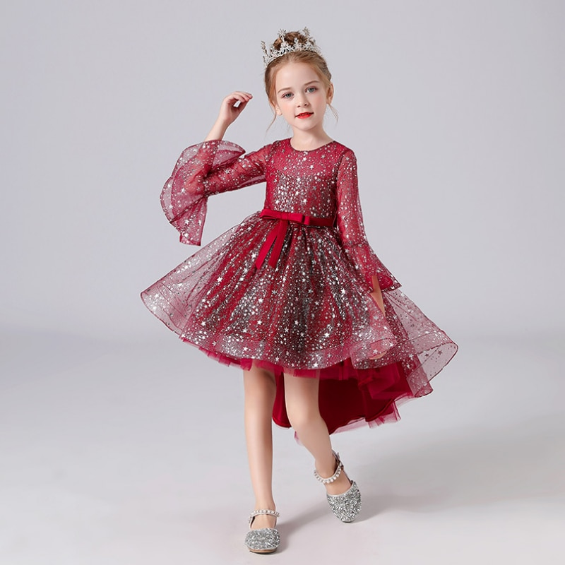 New Children's Clothing Girls Wedding Dress Skirt Big Child Princess Dress Red Tail Host Birthday Party Banquet Dress