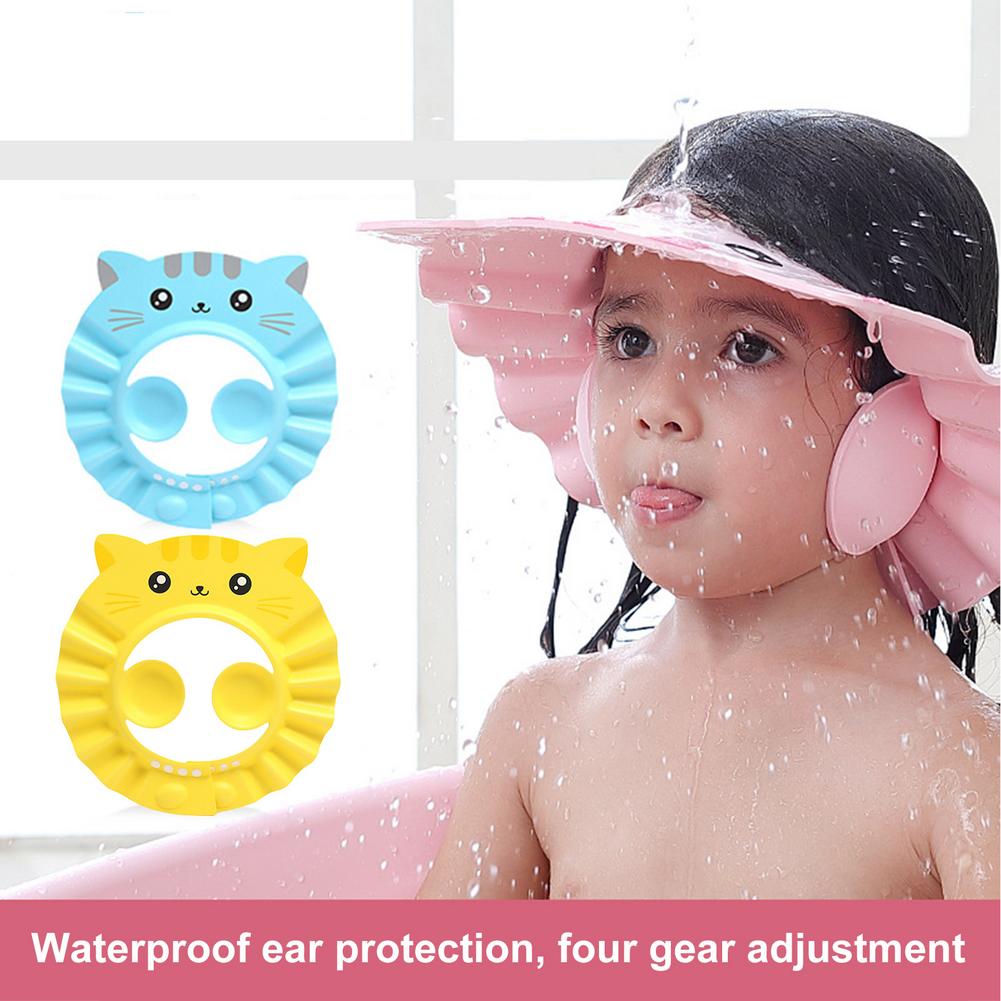 Baby Adjustable Cute Cartoon Cat Shower Cap Soft Portable And Foldable Protective Hair Wash Hat For Infant