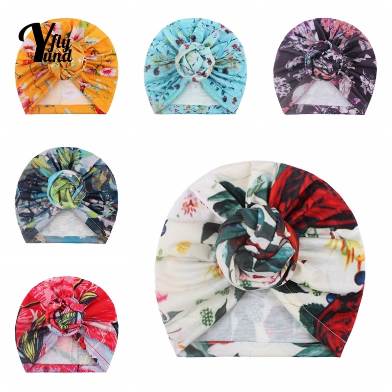 Yundfly 16*14 CM Soft Comfortable Children Hat Vintage Print Knotted Baby Turban Cap Newborn Headwear Birthday Gifts Photo Props