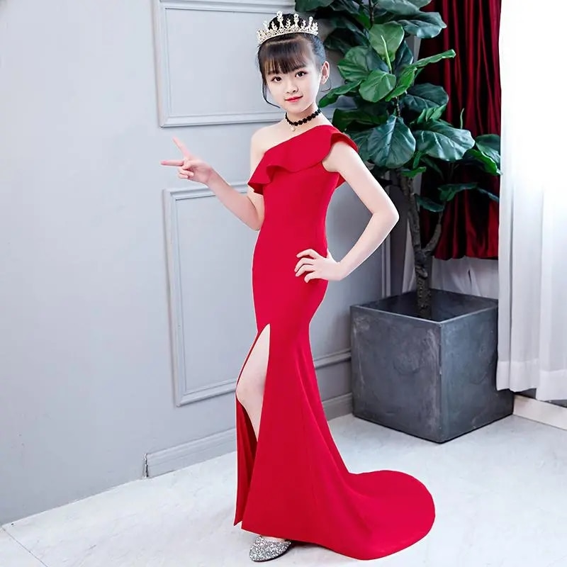 2022 High-End Children Evening Gown Kids Catwalk Teens Asymmetrical Red Mermaid Princess Dress For Girls Birthday Party Vestidos