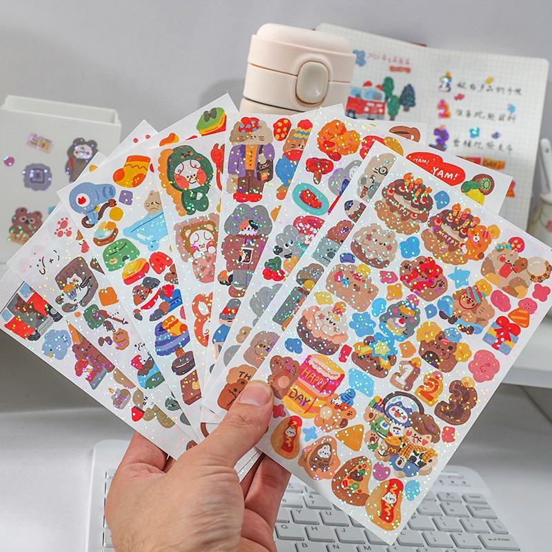 MOHAMM 1 Sheet Laser Paper Cute Cartoon Glitter Animal Decorative Stickers for DIY Scrapbooking Water Bottle Journal Stationery
