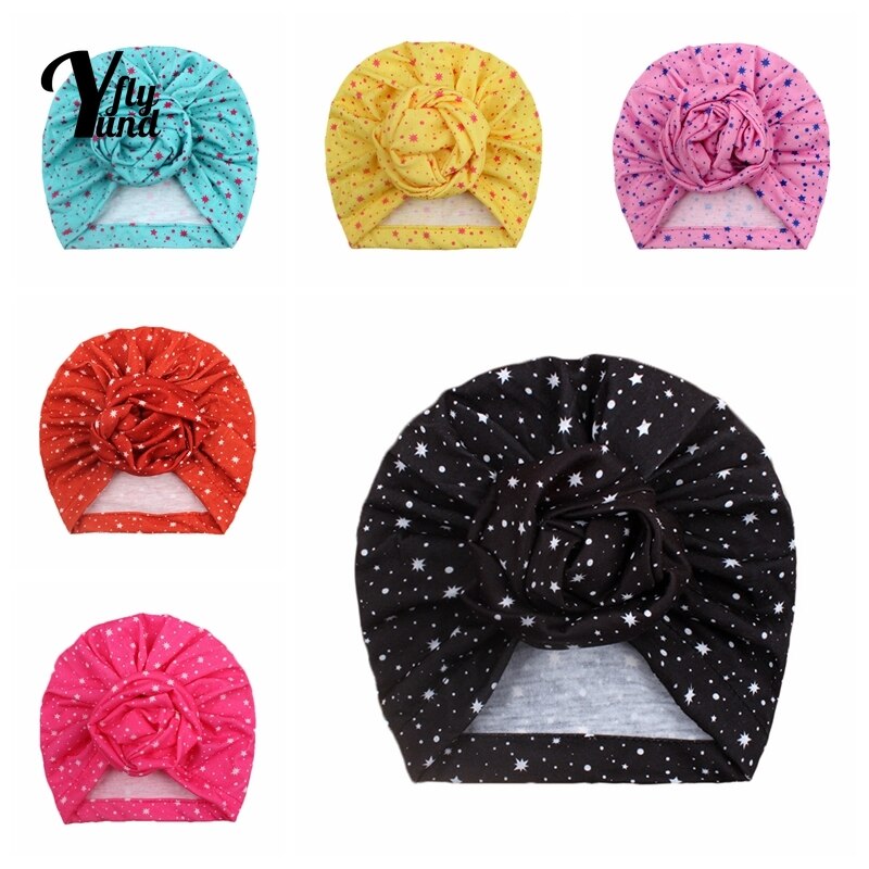 Yundfly 19*17 CM Lovely Stars Print Baby Turban Hat Fashion Handmade Folded Flower Newborn Caps Children Headwear Holiday Gifts