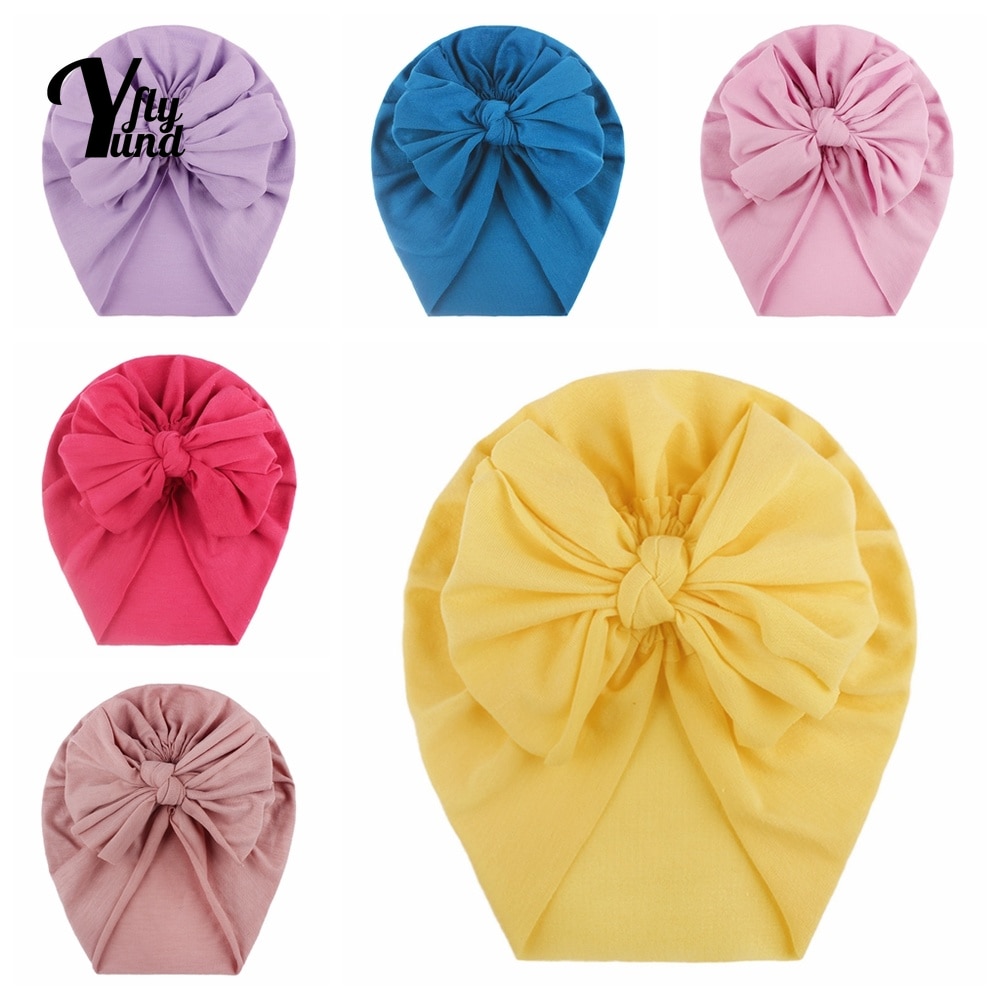 Yundfly 18*17 CM Soft Comfortable Children Caps Solid Color Bowknot Baby Girl Turban Hat Newborn Headwear Kids Photography Props