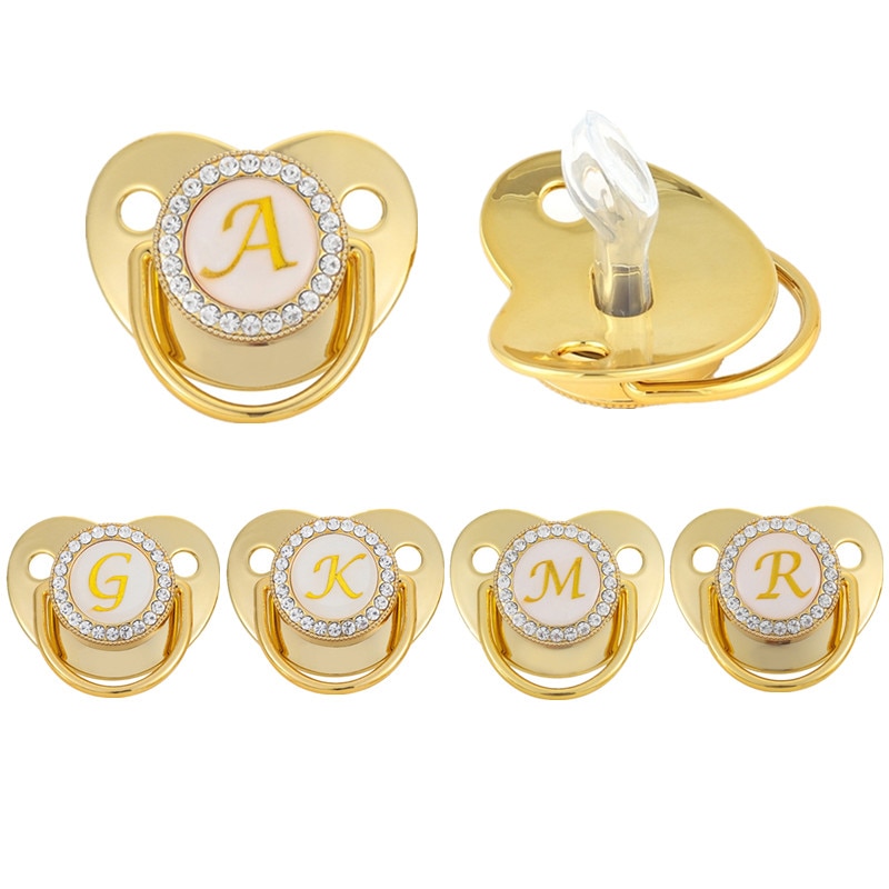 BPA Free Baby Pacifier 26 Letter Initials Golden Shiny Rhinestones Luxury Pacifier Silicone Nipple For 6-18M Newborn Baby Shower