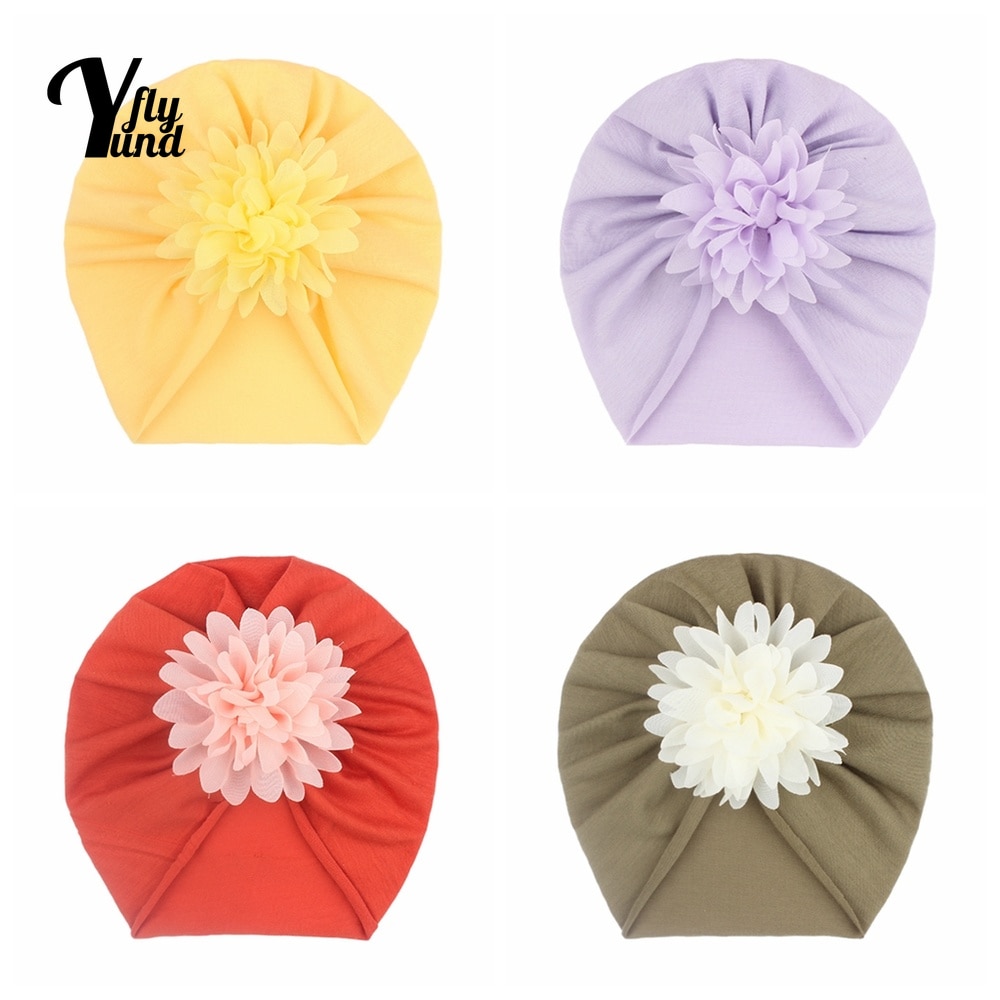 Yundfly Solid Color Chiffon Flower Baby Turban Hat Soft Comfortable Newborn Beanie Caps Infant Hair Accessories Birthday Gifts