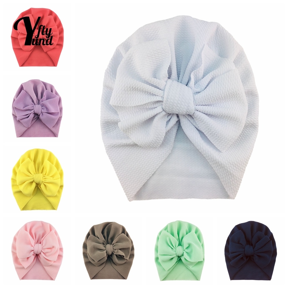 Yundfly 15 CM Solid Color Handmade Bowknot Baby Turban Hat Soft Comfortable Infant Beanie Cap Kids Hair Accessories Holiday Gift