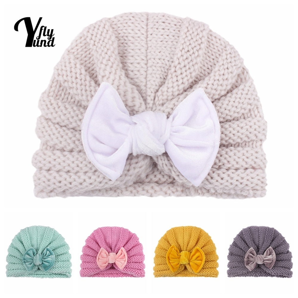 Yundfly Newborn Solid Color Knitting Wool Striped Cap Cute Handmade Bowknot Baby Girl Hat Infant Headwear Kids Photography Props