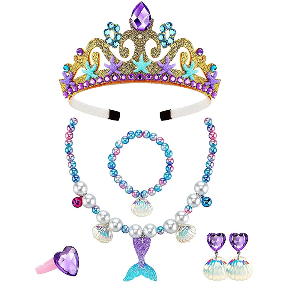 Girls Sea theme Party Mermaid Crystal Crown Shell Necklace Bracelet Errings Ring Princess Cosplay Jewelry Dress Up Accessories