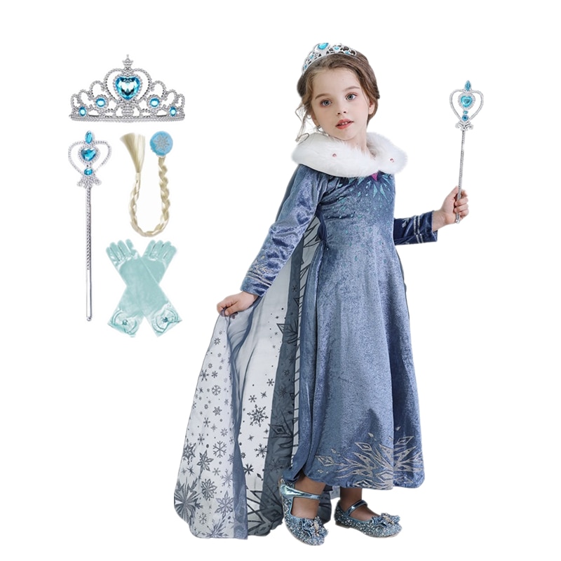 Elsa Princess Cosplay Dress Up For Girls Halloween Carnival Party Costume For Children Long Sleeve Anke-Length Cloak Tulle Cloth