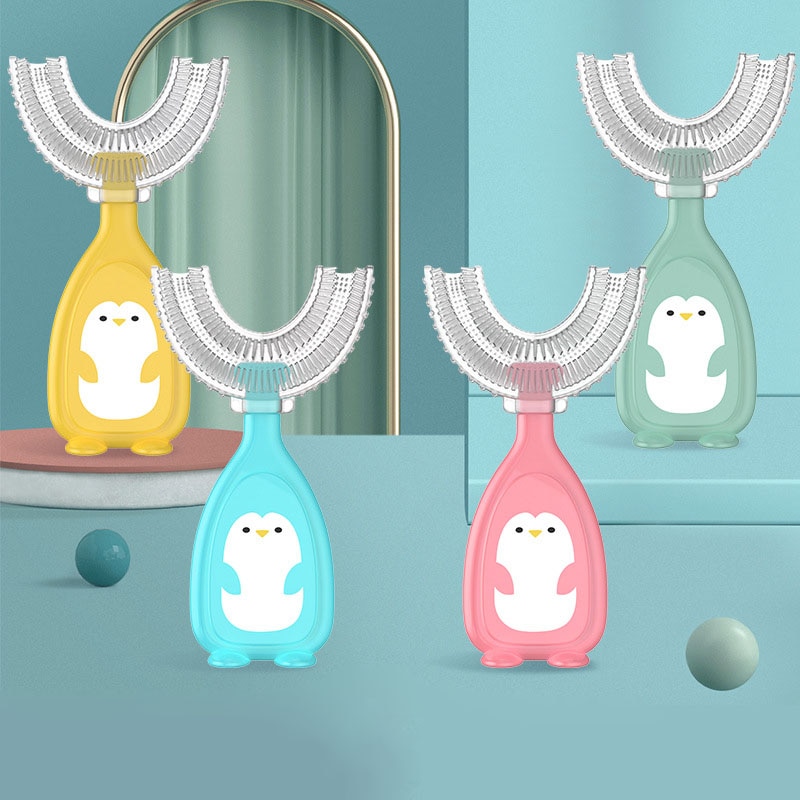 Children's U-shaped Silicone Toothbrush Children's Oral Cleaning Training Toothbrush Cartoon Pattern 2-6 Years Old
