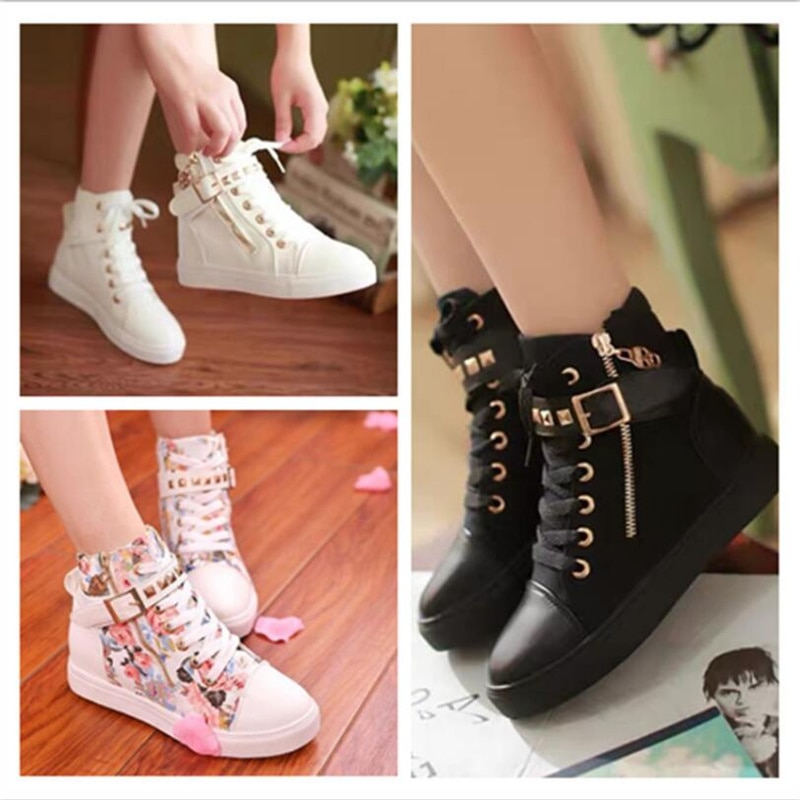 hot Girls Spring Autumn High-top casual shoes Fashion printed canvas shoes Girls classic Zipper non-slip comfortable flat shoes