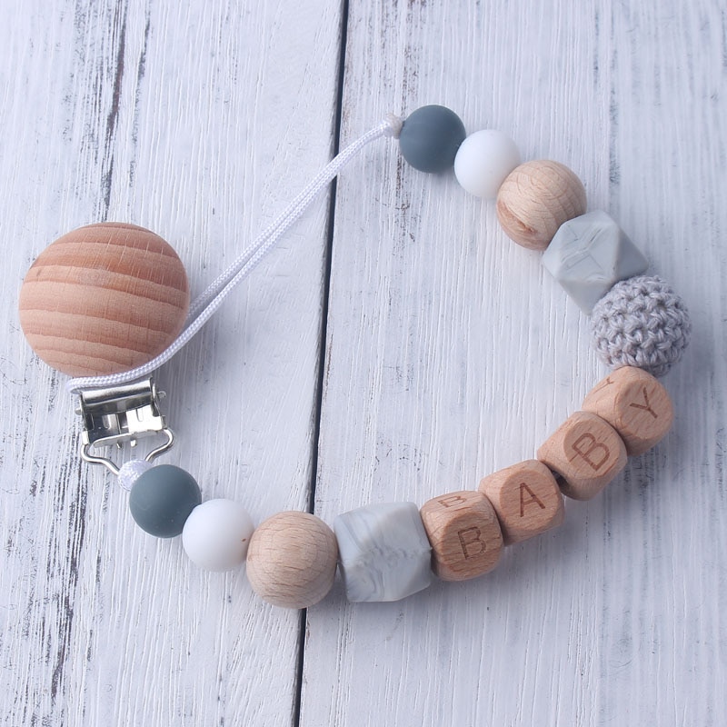 Personalized Pacifier Clip Handmade Baby Name Silicone Teething Beech Wood Chew Beads holder for pacifier clips Dummy Chain