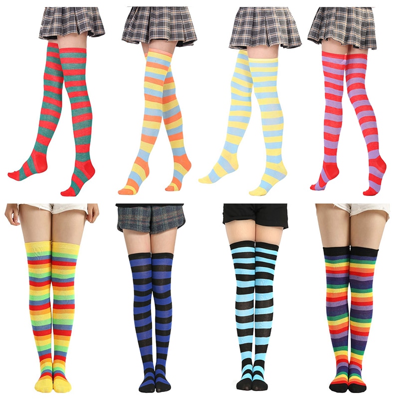 Hot Sale Gift Women's Stocking Harajuku Colorful Rainbow Striped Sexy Over Lo Lolita Tights Knee High Warm Socks for Girl K
