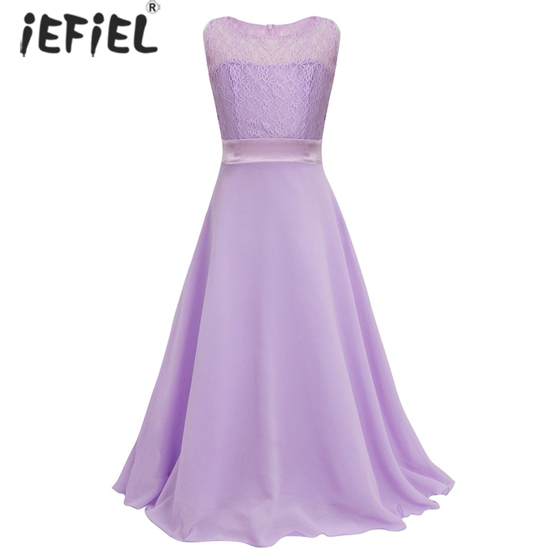 Kid Elegant Princess Bridesmaid Flower Girl Dresses Evening Party Wedding Dress Teenage Children Floor-Length Lace Chiffon Dress