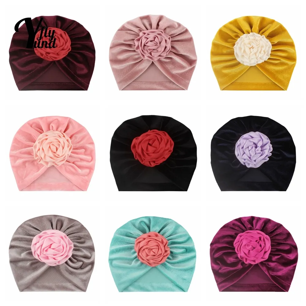 Yundfly 18*17 CM Comfortable Warm Golden Velvet Newborn Hats Fashion Handmade Flowers Infant Caps Baby Headwear Hair Accessories