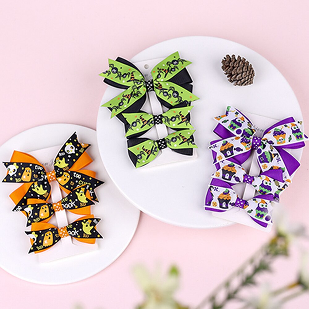 3pcs/lot Fashion Cartoon Print Dovetail Bows Infant Hair Clips Cute Baby Girls Bangs Hairpins Halloween Decoration Holiday Gifts