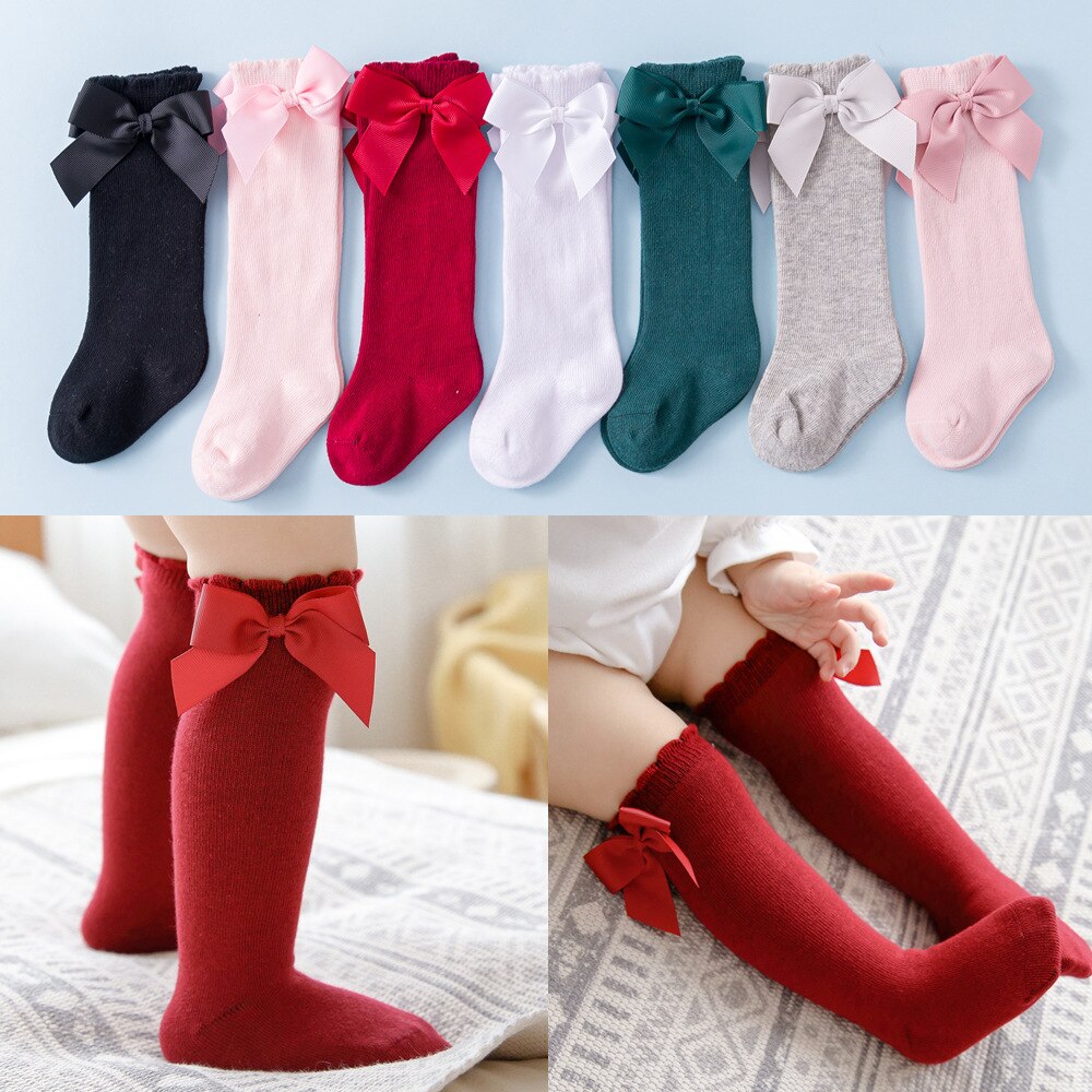 Kids Girls Bowknot Stockings Baby Solid White Cotton Knee High Warm Tights for Infant Newborns Pantyhose Clothes Collant sock