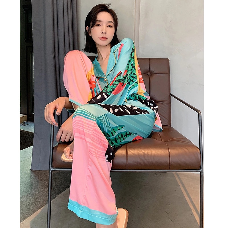 Satin Pajamas Set Spring Summer Home Suit with Pant Women's Print Pijama Suit Silk Pijama Set Sleepwear for Female Pyjamas
