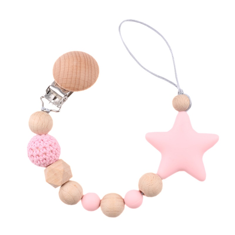Food Grade Silicone Beads Star Pendant Beech Wooden Pacifier Holder Chain Clip for Baby Newborn Boy Girl