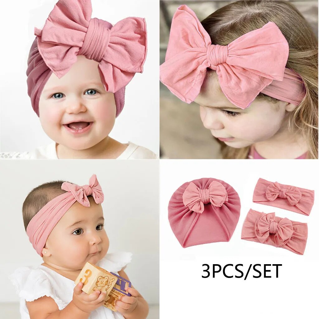 New Baby Nylon Bowknot Hair Band Hat Set Children's Pure Color Knotted Bandana Hat Baby Hair Accessories 3-piece Set