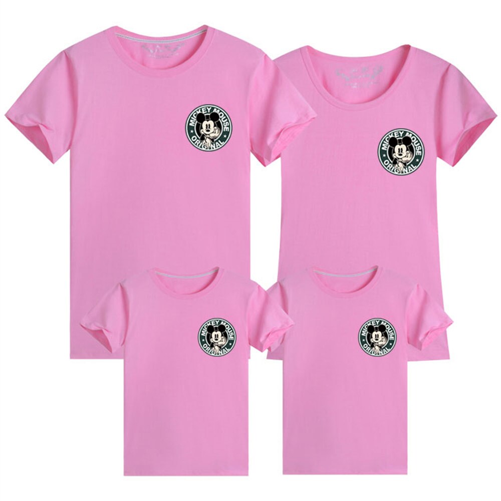 New Summer T-shirts Cotton Cartoons Printing Mickey Streetwear Children Short Sleeve Casual Base Family Clothes Women Loose