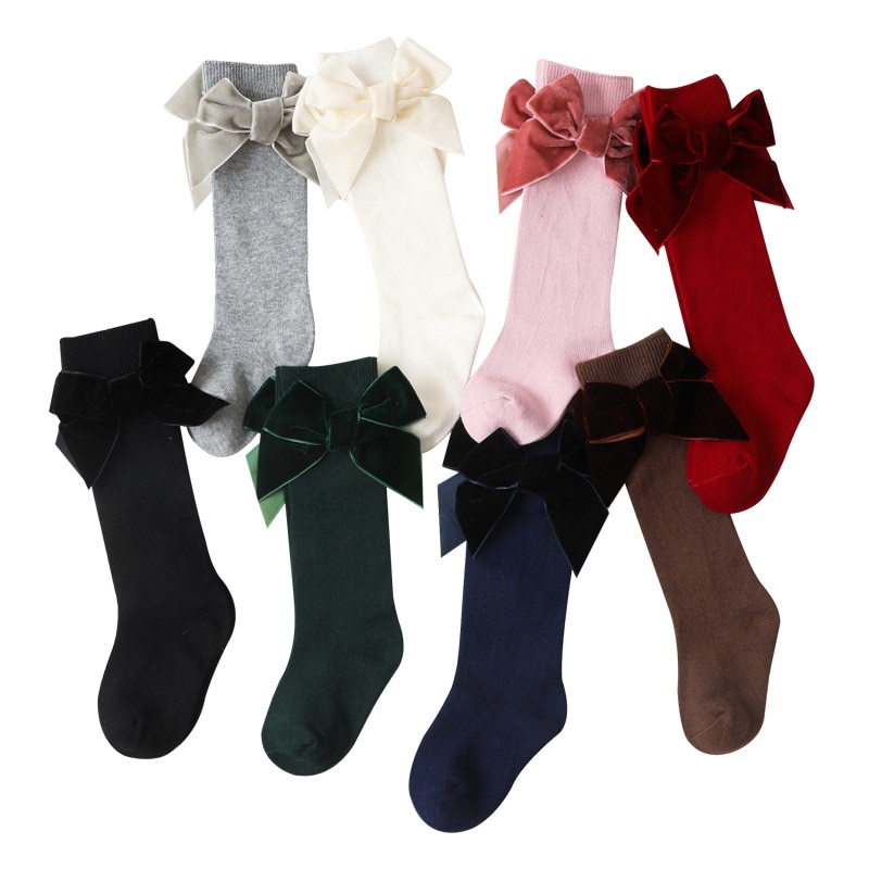 8Pairs/Lot Girls Socks Cotton Velevt Bow Socks Toddler Girl Stockings Baby Stuff for Girl Infant Ctue Knee High Socks 3-8T