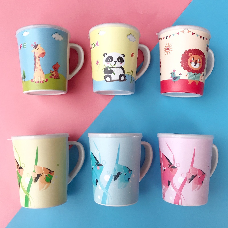 Bamboo Fiber Children's Drinking Cup Cartoon Animal Printing Resin Material Anti-scalding Milk Cup With Lid Wholesale
