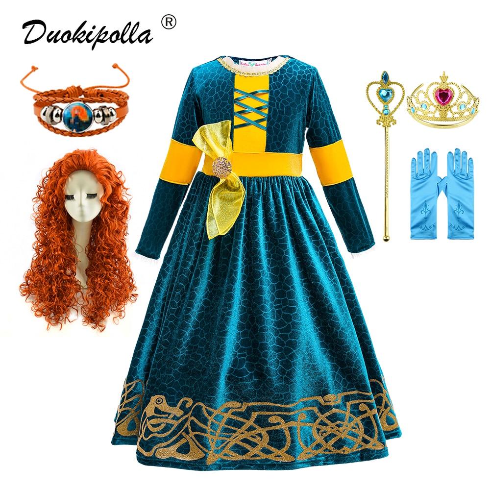 2021 Winter Autumn Girls Merida Dress Christmas Party Velvet Dresses Halloween Princess Costume for Kids Fashion Gothic Clothing