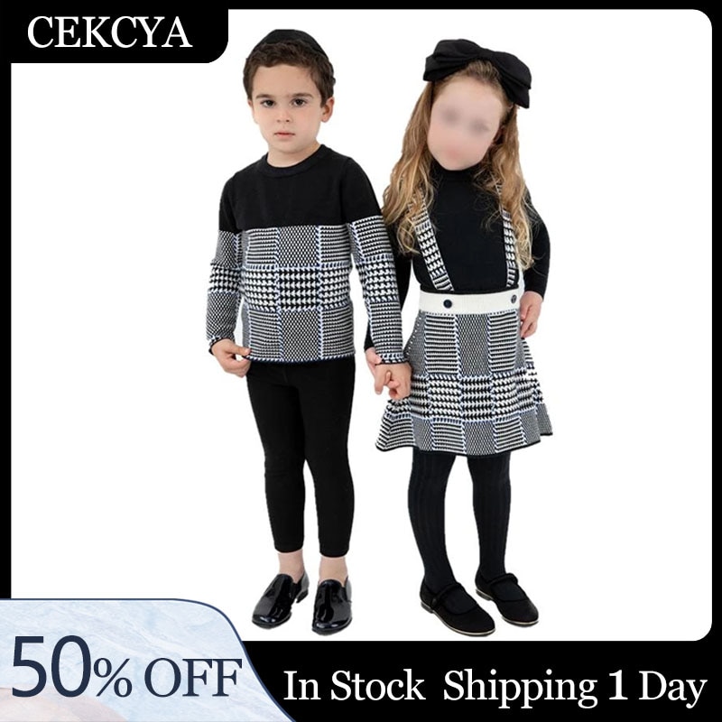 In stock Kids Sweaters Brother Sister Mathcing Knitted Clothes Plaid knit Pullover Tops A Line Skirt Baby Strappy Pants Bloomers
