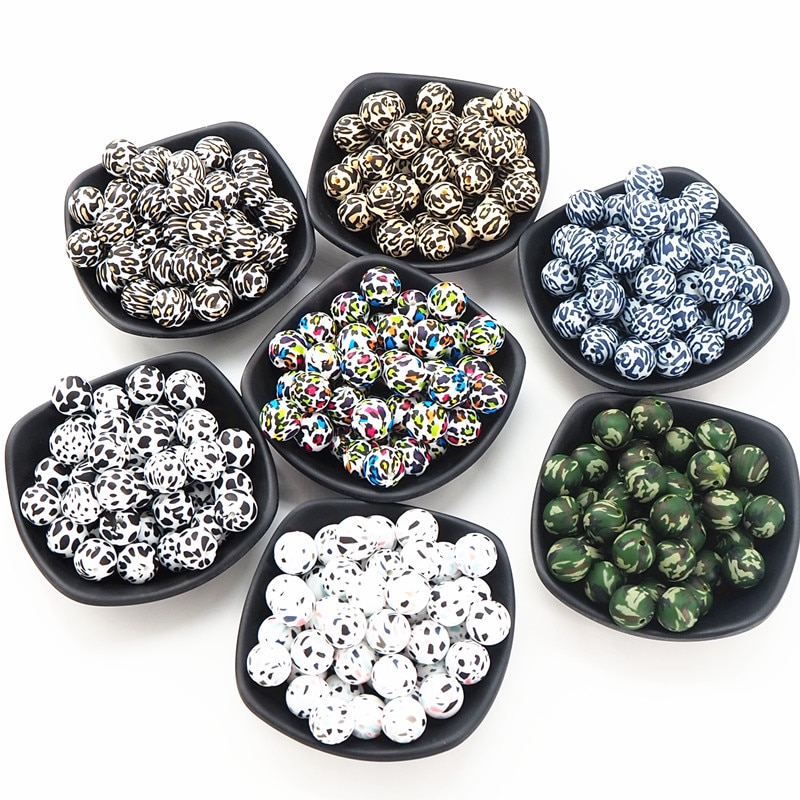 Chengkai 10pcs 15mm Silicone Gold Leopard Print Beads Baby Shower Teething Montessori Sensory Cartoon Jewelry Beads BPA Free