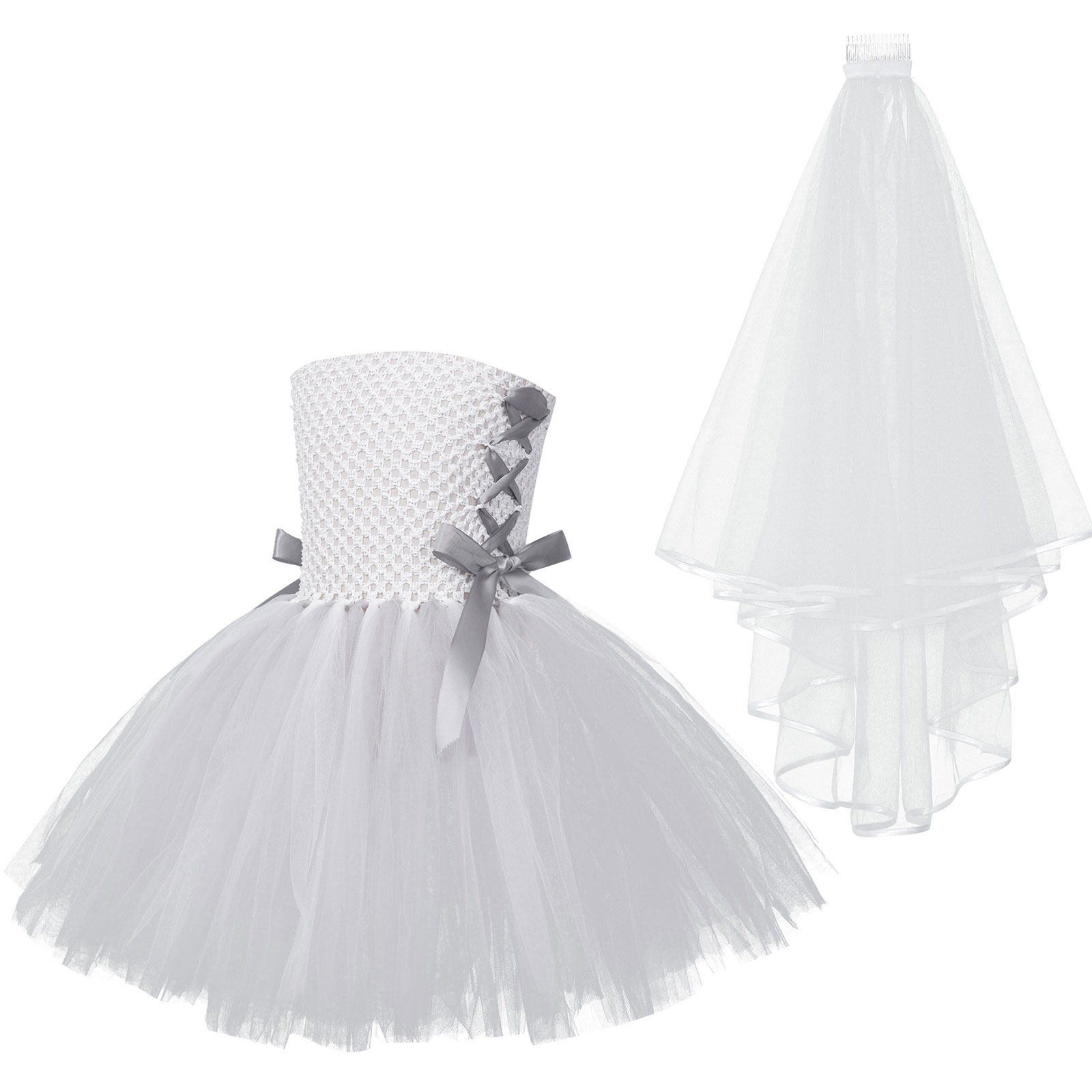 Girls Evil Halloween Horror Scary Fancy Dress Outfits White Kid Ghost Dead Bride Masquerade Cosplay Costume Tutu Dress with Veil