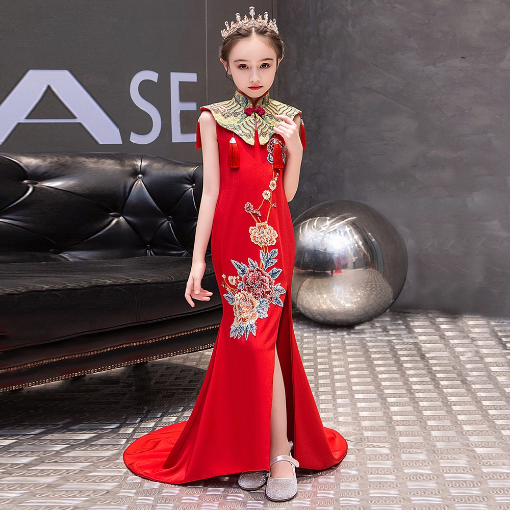 Girls Mermaid Princess Long Dress Red Kids Evening Chinese Style Gowns Children Gala Party Dress Happy Birthday Robes 3 12 14 Yr