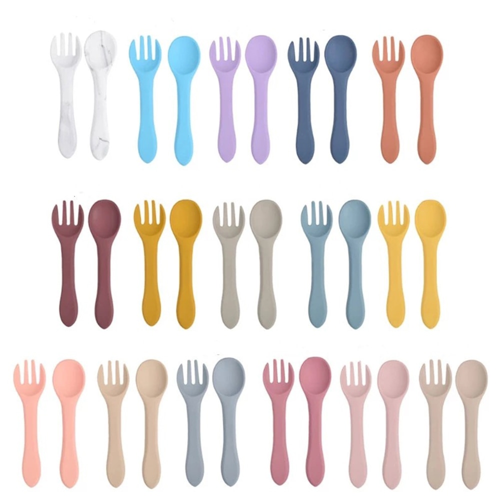 2PCS/set BPA Free Baby Soft Silicone Fork Spoon Feeding Set Kid Dishes Toddlers Infant Feeding Accessories Silicone Tableware
