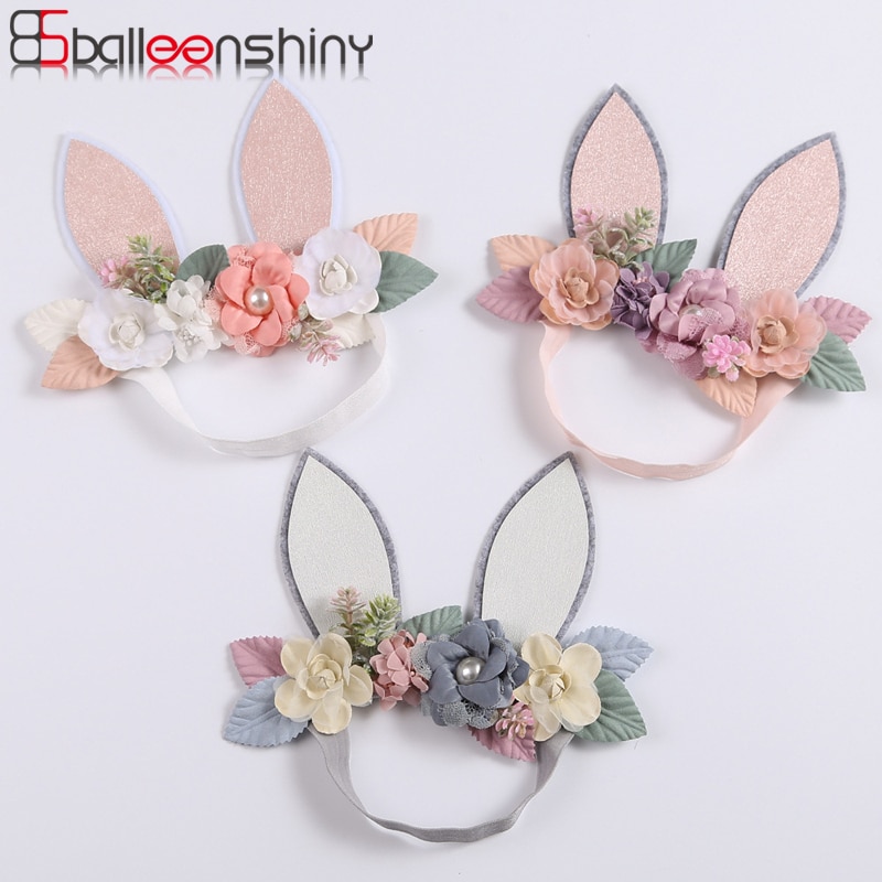 Balleenshiny Cute Festive Baby Girls Headband Glitter Rabbit Ears Mesh Lace Stitching Combination Flower Children's Headdre