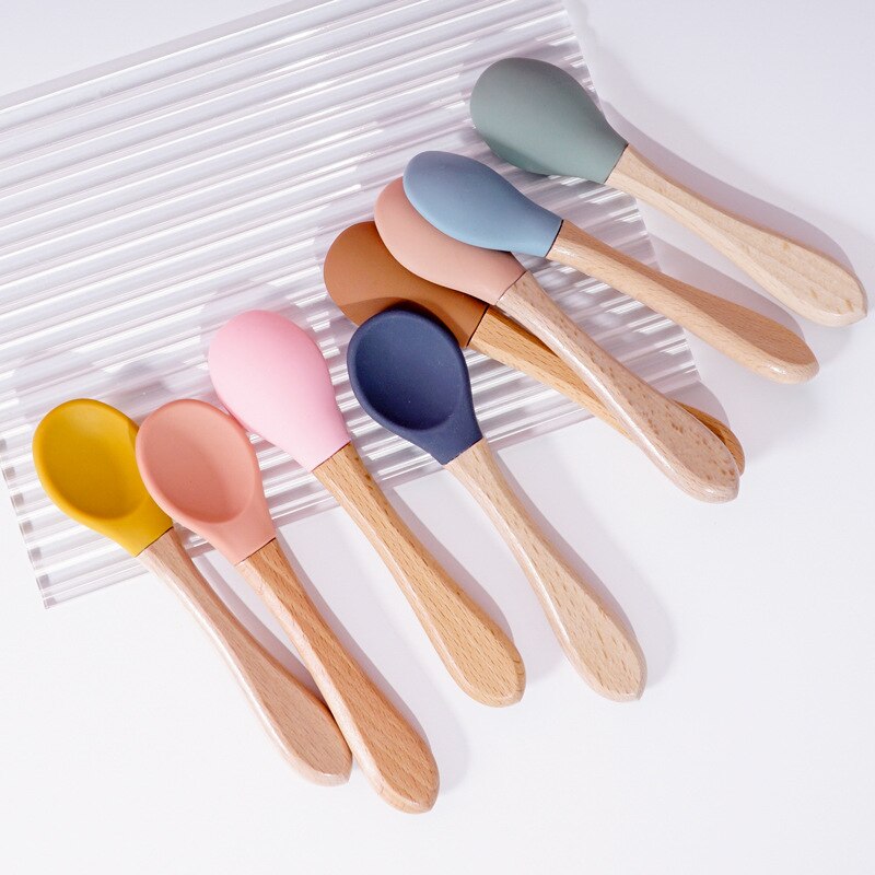 Baby Training Spoon Children Side Dish Spoon FDA Free Food Grade Silicone Spoon Wood Handle Feeding Tableware For More Than 3M
