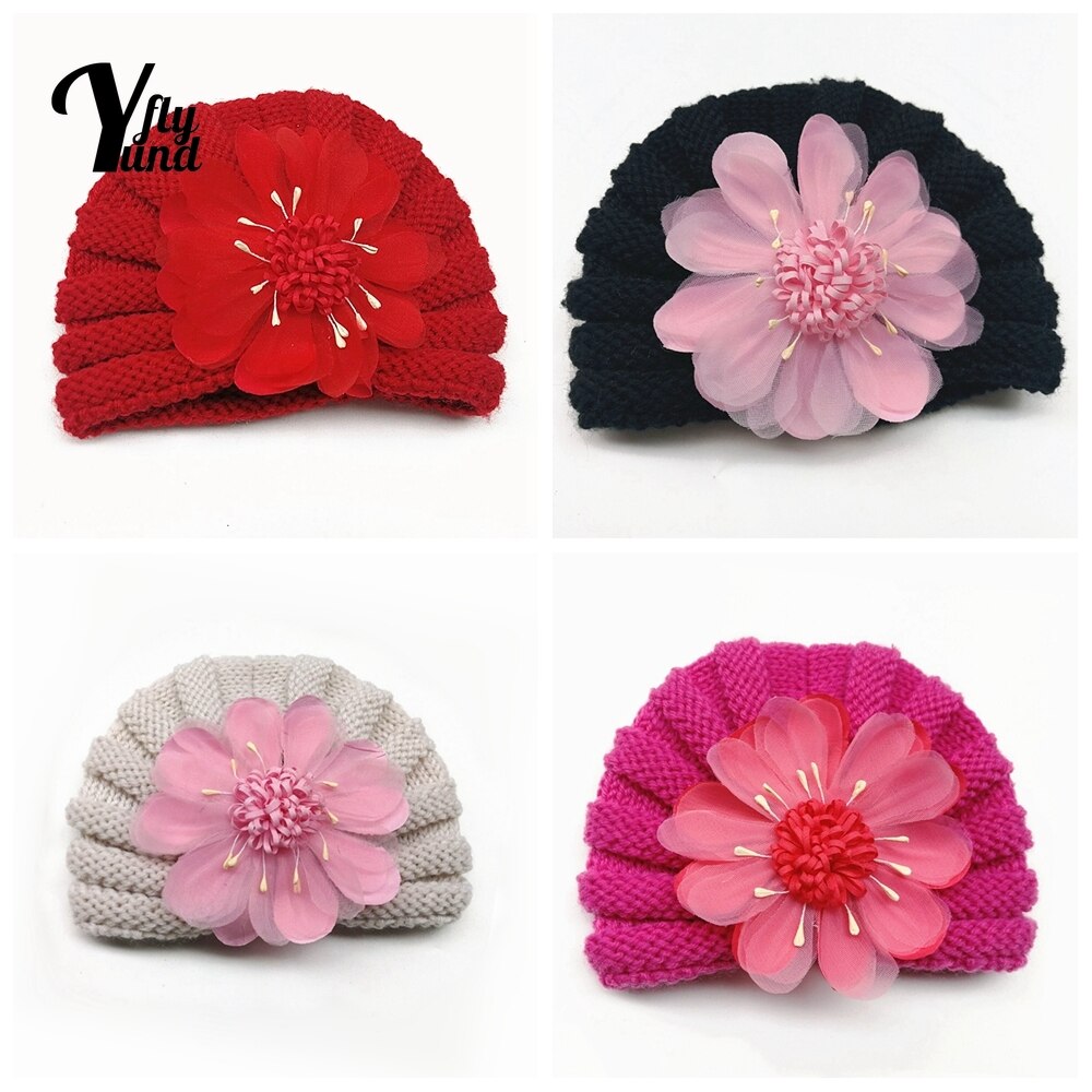 Yundfly Fashion Artificial Flower Baby Indian Hat Autumn and Winter Warm Knitting Wool Caps Children Headwear Photography Props