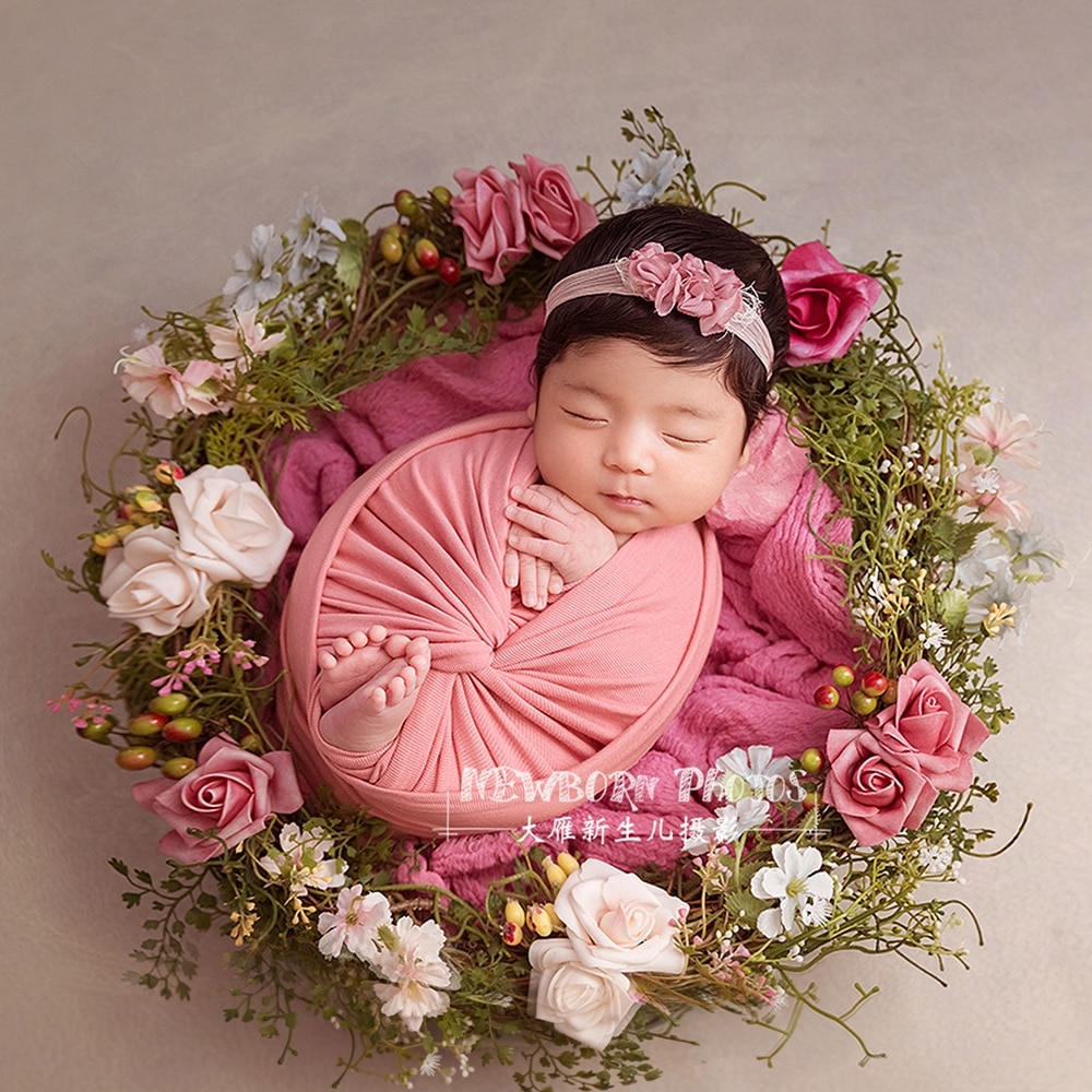 Handmade Floral Wreath Newborn Photography Props Cotton Baby Nest Basket Decoration Studio Photo Rustic Flower Background