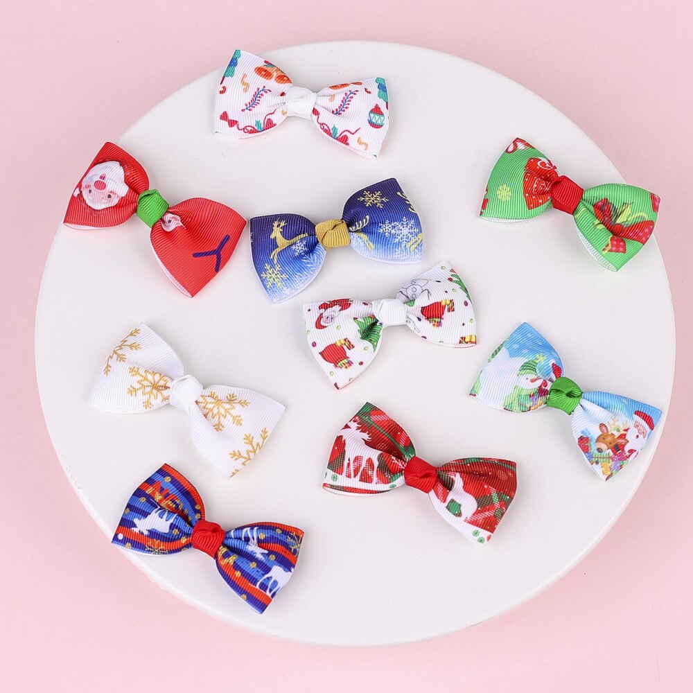 3pcs/lot Christmas Children's Print Bowknot Bangs Hairpins Cute Cartoon Pattern Bows Baby Hair Clips Kids Photography Props