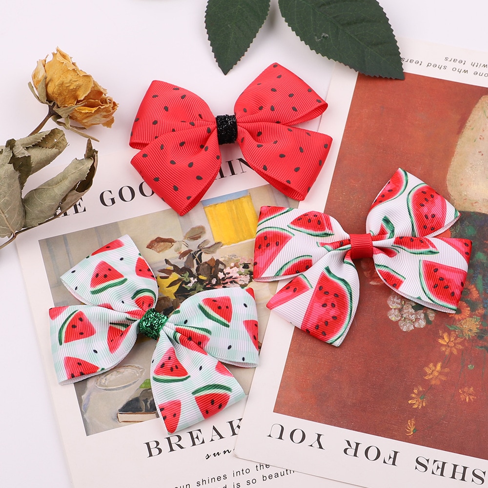 10.5 CM Cute Cartoon Fruits Print Bowknot Bangs Barrette Fashion Princess Hairpin Sweet Hair Accessories Baby Headwear Kids Gift