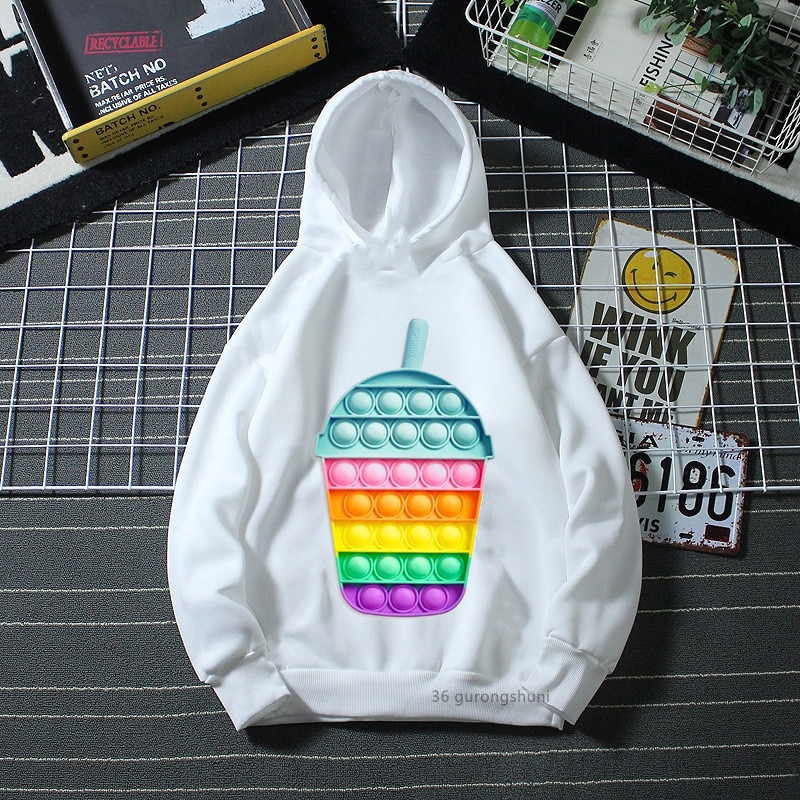 Funny Colorful Milk Tea Cup Pop It Hoodie Winter Hoodies Dinosaur Cartoon Print Boys Girls Hoodies Kids Hoodies Harajuku