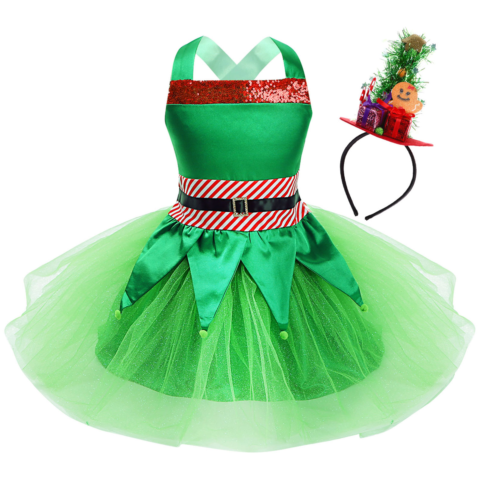 Kids Green Elf Costume Girls Sequins Crop Tops Mesh Tutu Skirt Hair Hoop Xmas Sets Christmas New Year Festival Fancy Party Dress